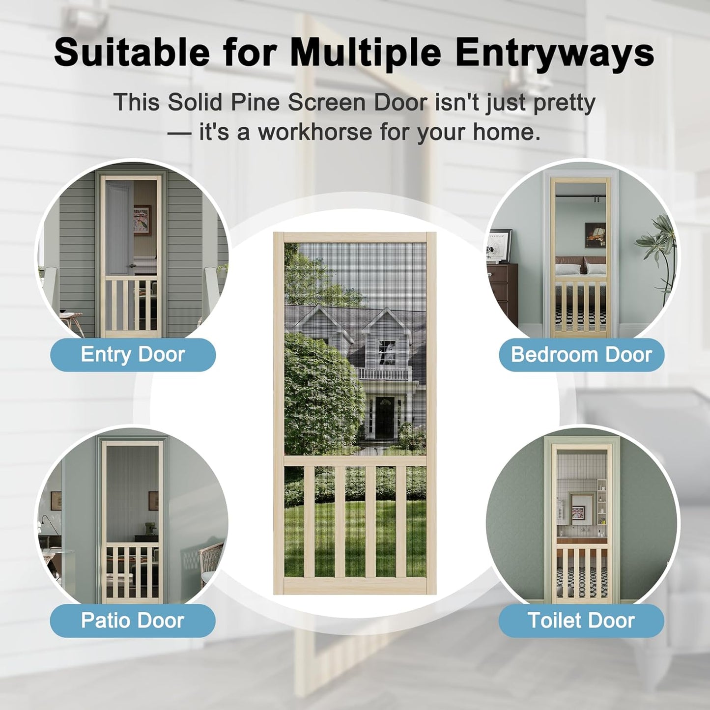 JUJUBON Front Wooden Screen Door for Swing Doors，Solid Pine French Style with Universal Hinged Gauze Mesh Screen Door for Exterior/Interior，Pre-Assembled Easy Installation