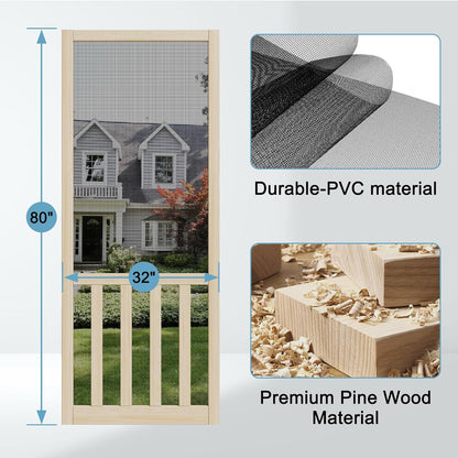 JUJUBON Front Wooden Screen Door for Swing Doors，Solid Pine French Style with Universal Hinged Gauze Mesh Screen Door for Exterior/Interior，Pre-Assembled Easy Installation