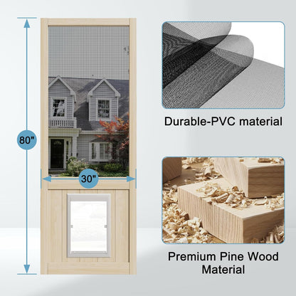 JUJUBON Wooden Front Screen Door, with Built-In Pet Door - French Solid Wood Pine Slab, Hinged Gauze Mesh For Exterior/Interior Doors