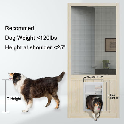 JUJUBON Wooden Front Screen Door, with Built-In Pet Door - French Solid Wood Pine Slab, Hinged Gauze Mesh For Exterior/Interior Doors