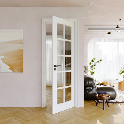 JUJUBON Clear Glass Slab Door, 10-Lite Glass French Interior Door, Pre-Finished Paintable Single Panel for Living Room Pantry Laundry Closet as Prehung, Pocket, Bifold Barn Doors-Shaker w/o Hardware
