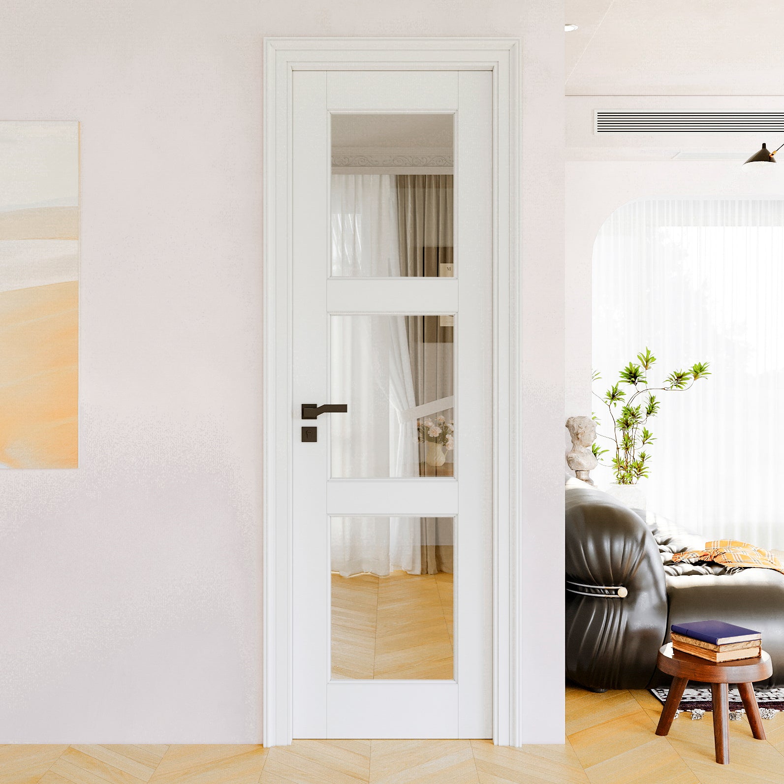 JUJUBON Clear Glass Slab Door, 3-Lite Glass French Interior Door, Pre-Finished Paintable Single Panel for Living Room Pantry Laundry Closet as Prehung, Pocket, Bifold Barn Doors-Shaker w/o Hardware