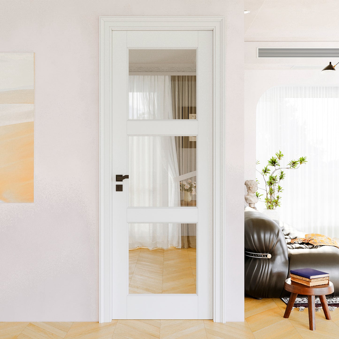 JUJUBON Clear Glass Slab Door, 3-Lite Glass French Interior Door, Pre-Finished Paintable Single Panel for Living Room Pantry Laundry Closet as Prehung, Pocket, Bifold Barn Doors-Shaker w/o Hardware