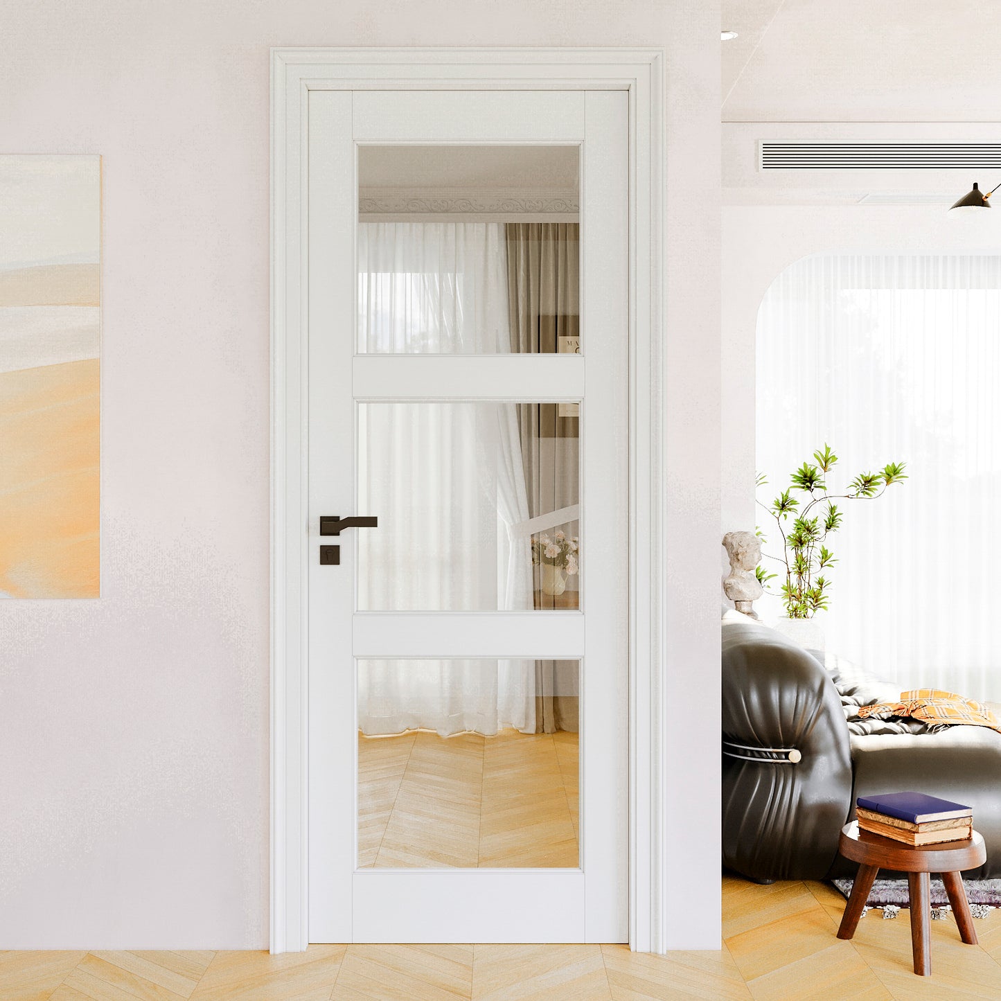 JUJUBON Clear Glass Slab Door, 3-Lite Glass French Interior Door, Pre-Finished Paintable Single Panel for Living Room Pantry Laundry Closet as Prehung, Pocket, Bifold Barn Doors-Shaker w/o Hardware