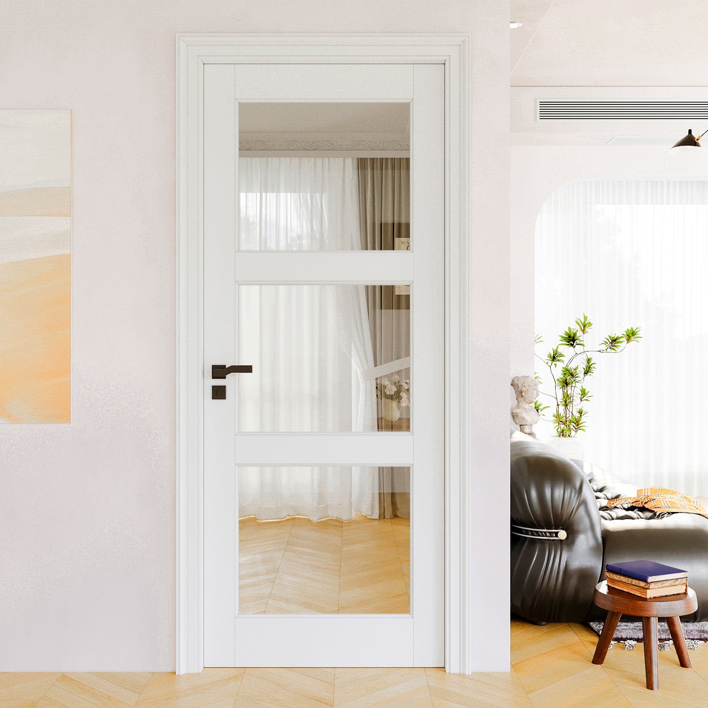 JUJUBON Clear Glass Slab Door, 3-Lite Glass French Interior Door, Pre-Finished Paintable Single Panel for Living Room Pantry Laundry Closet as Prehung, Pocket, Bifold Barn Doors-Shaker w/o Hardware