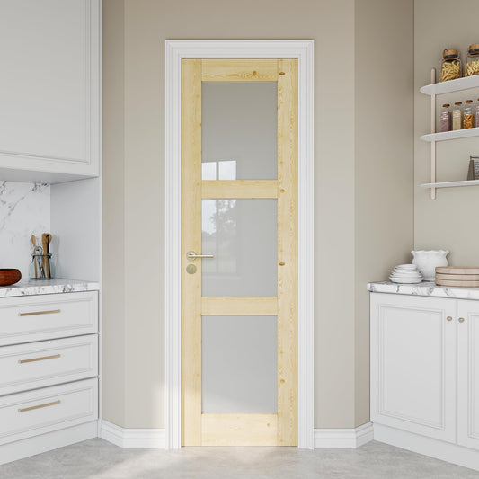 Jujubon Unfinished Solid Core Pine Wood 3-Lite Tempered Frosted Glass Interior Door Slab with/without Prehung Kit