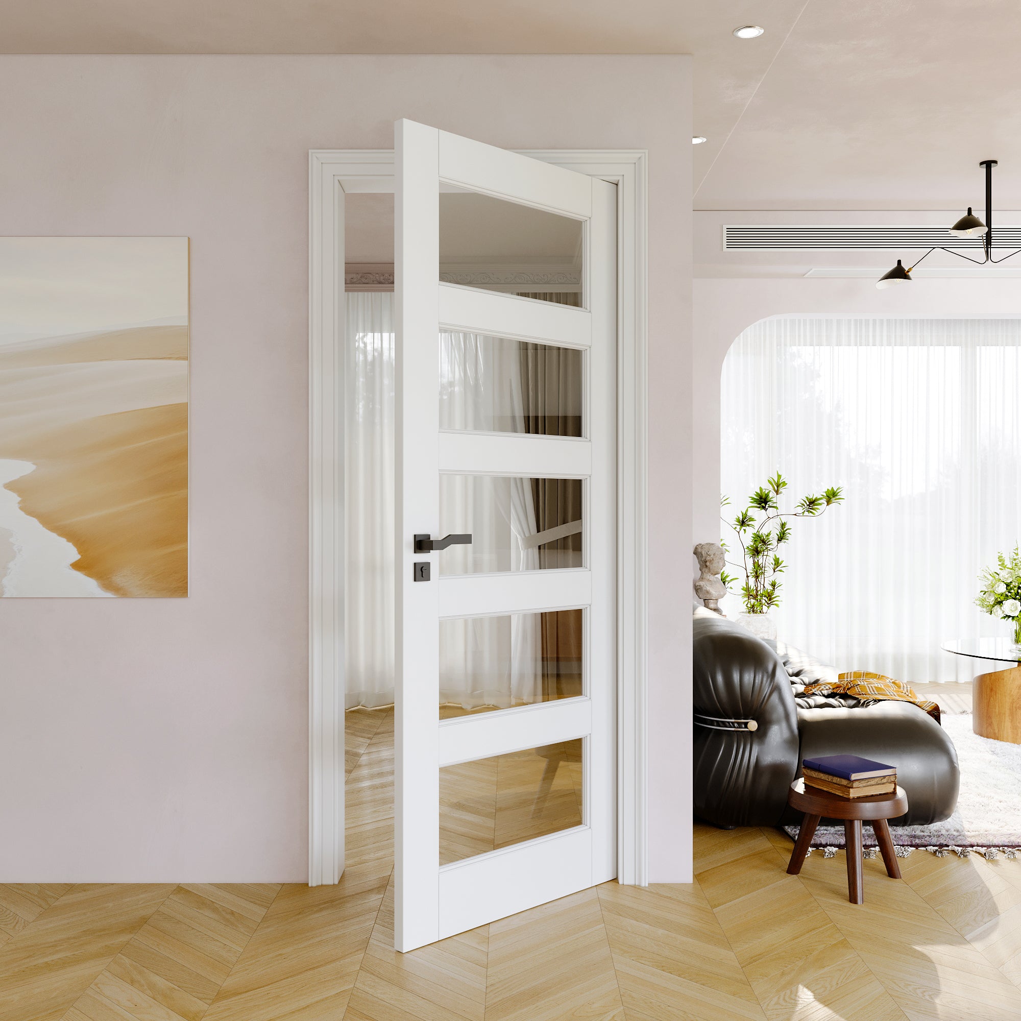 JUJUBON Clear Glass Slab Door, 5-Lite Glass French Interior Door, Pre-Finished Paintable Single Panel for Living Room Pantry Laundry Closet as Prehung, Pocket, Bifold Barn Doors-Shaker w/o Hardware