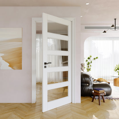 JUJUBON Clear Glass Slab Door, 5-Lite Glass French Interior Door, Pre-Finished Paintable Single Panel for Living Room Pantry Laundry Closet as Prehung, Pocket, Bifold Barn Doors-Shaker w/o Hardware