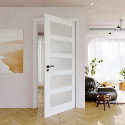 JUJUBON Slab Door, 5-Panel Pre-Assembled Frosted Glass Interior French Door Slab, Soild Core & Pre-Finished Single Panel for Pantry Bedroom Closet as Pocket, Bifold, Barn Doors-Shaker w/o Hardware