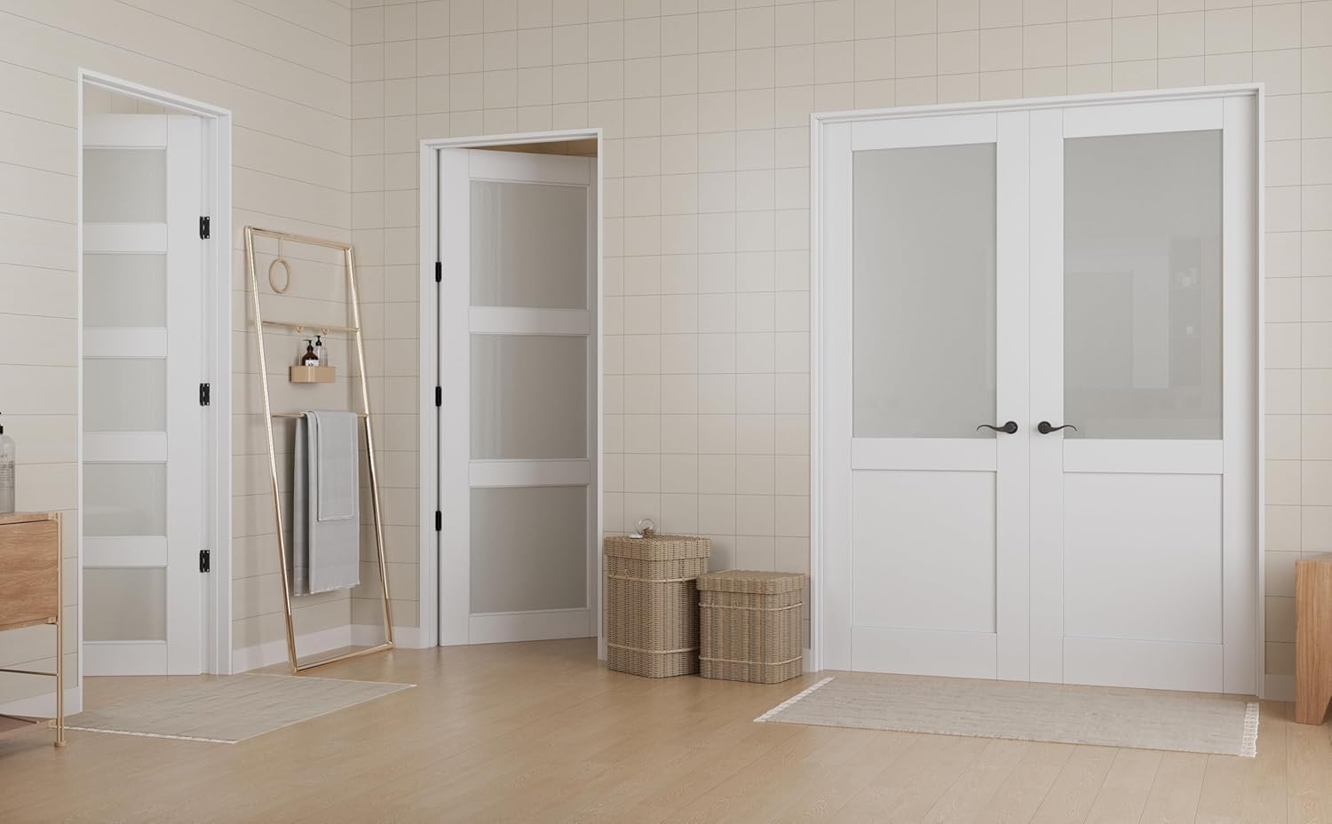 JUJUBON Slab Door, 5-Panel Pre-Assembled Frosted Glass Interior French Door Slab, Soild Core & Pre-Finished Single Panel for Pantry Bedroom Closet as Pocket, Bifold, Barn Doors-Shaker w/o Hardware