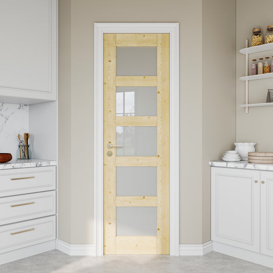 JUJUBON Pine Wood Slab Door, 5-Panel Frosted Glass Interior Doors, Single Room Door for Closet & Bedroom, Farmhouse Style as Prehung, Pocket, Bifold, Barn Doors, Easy DIY Stain, Shaker w/o Hardware