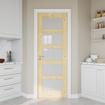 JUJUBON Pine Wood Slab Door, 5-Panel Frosted Glass Interior Doors, Single Room Door for Closet & Bedroom, Farmhouse Style as Prehung, Pocket, Bifold, Barn Doors, Easy DIY Stain, Shaker w/o Hardware