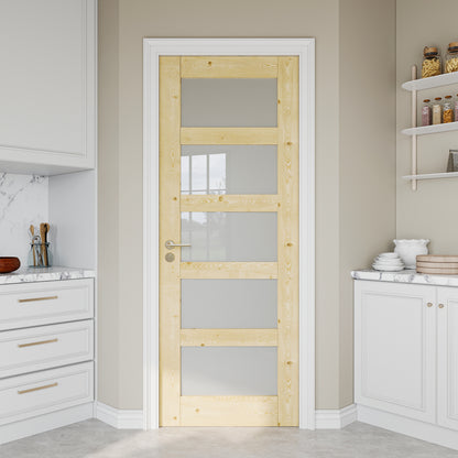 JUJUBON Pine Wood Slab Door, 5-Panel Frosted Glass Interior Doors, Single Room Door for Closet & Bedroom, Farmhouse Style as Prehung, Pocket, Bifold, Barn Doors, Easy DIY Stain, Shaker w/o Hardware