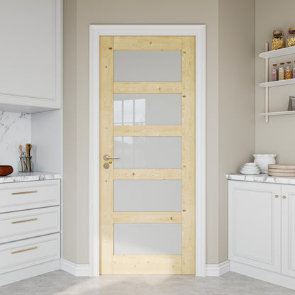 JUJUBON Pine Wood Slab Door, 5-Panel Frosted Glass Interior Doors, Single Room Door for Closet & Bedroom, Farmhouse Style as Prehung, Pocket, Bifold, Barn Doors, Easy DIY Stain, Shaker w/o Hardware