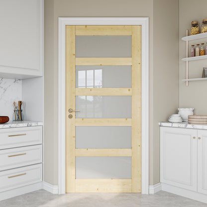 JUJUBON Pine Wood Slab Door, 5-Panel Frosted Glass Interior Doors, Single Room Door for Closet & Bedroom, Farmhouse Style as Prehung, Pocket, Bifold, Barn Doors, Easy DIY Stain, Shaker w/o Hardware