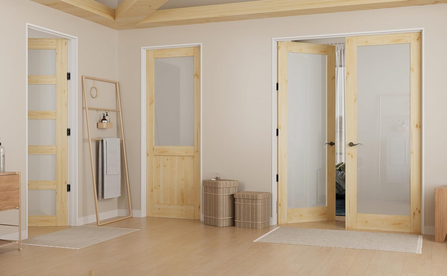 JUJUBON Pine Wood Slab Door, Half Frosted Glass Interior Doors, Single Room Door for Closet & Bedroom, Farmhouse Style as Prehung, Pocket, Bifold, Barn Doors, Easy DIY Stain, Shaker w/o Hardware