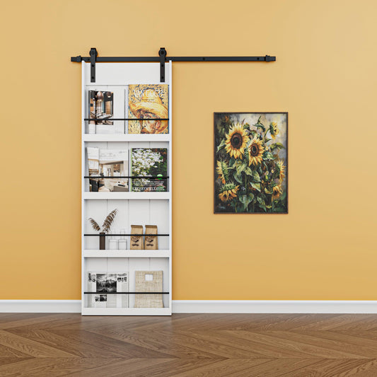 Paintable Barn Door with Hardware Kit Included, Solid MDF Wood 4-Shelf Storage Shelves Style Sliding Barn Door, Easy Install, Interior Kitchen Pantry Bathroom Home Office Door