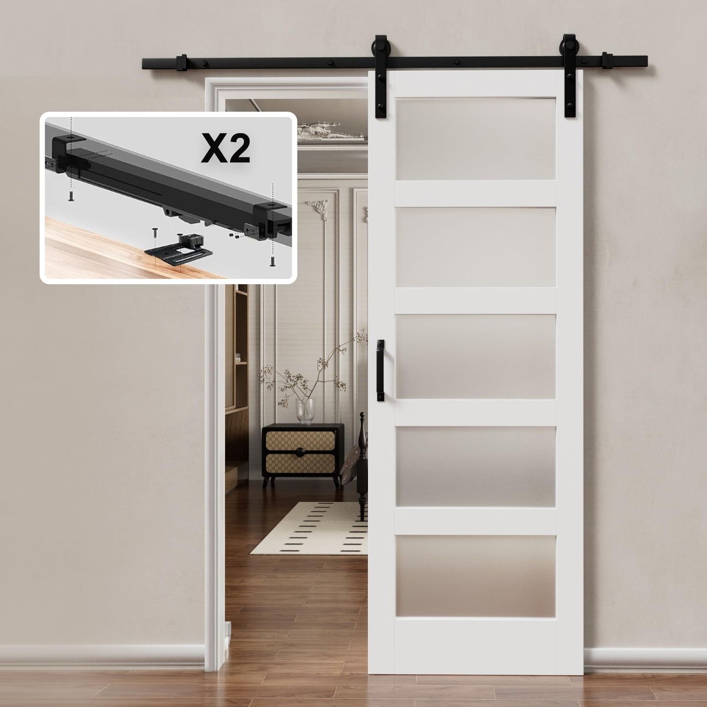 Glass Barn Doors and Hardware Included, Pre-Drilled Easy Assembly, White Sliding Barn Door with Heavy Duty 1/6 Inch Tempered Frosted Glass for Interior