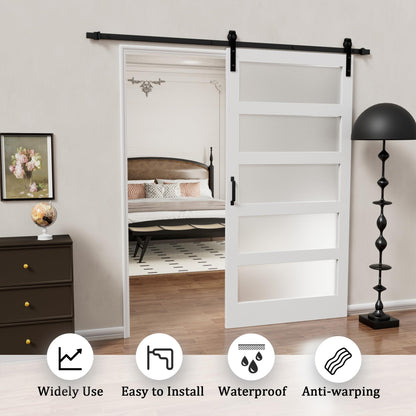 Glass Barn Doors and Hardware Included, Pre-Drilled Easy Assembly, White Sliding Barn Door with Heavy Duty 1/6 Inch Tempered Frosted Glass for Interior