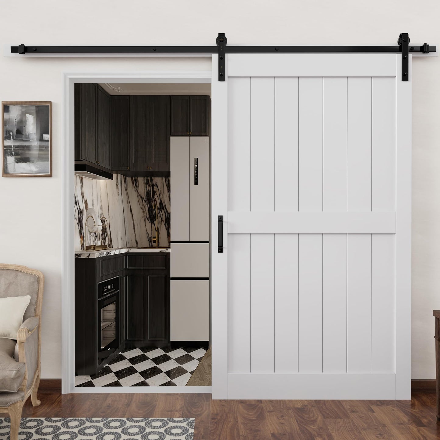 Barn Doors and Hardware Included Track Kit & Handle, Easy Install Sliding Barn Door, Solid MDF Wood Slab Covered with Water-Resistant & Scratch-Resistant Paint Surface, H-Frame
