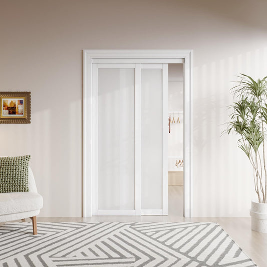 Sliding Closet Door Interior Doors with Hardware Kit & Floor Guide, Tempered Frosted Glass Door Pre-Drilled Easy Instal