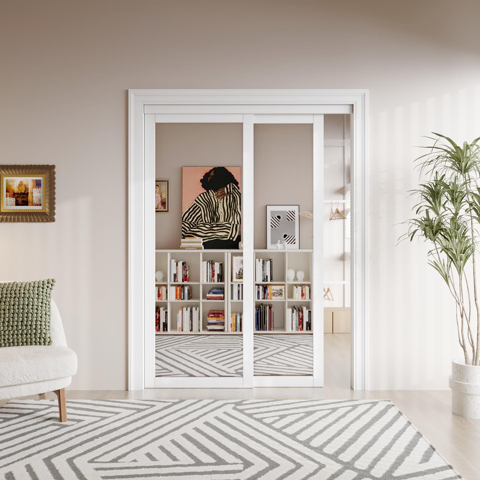 [Paintable] JUJUBON Mirrored Sliding Closet Door Interior Doors with Hardware Kit & Floor Guide, Preassembled One Side Mirror Door Pre-Drilled Easy Install