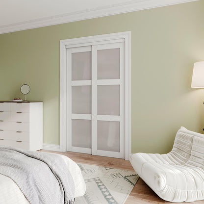 Sliding Closet Door Interior Doors with Hardware Kit & Floor Guide, 3-Lite Tempered Frosted Glass Door Pre-Drilled Easy Install