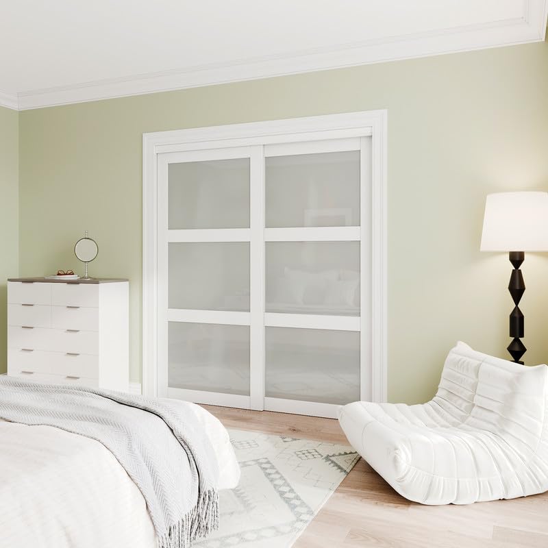Sliding Closet Door Interior Doors with Hardware Kit & Floor Guide, 3-Lite Tempered Frosted Glass Door Pre-Drilled Easy Install