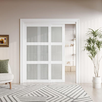 Sliding Closet Door Interior Doors with Hardware Kit & Floor Guide, 3-Lite Tempered Frosted Glass Door Pre-Drilled Easy Install