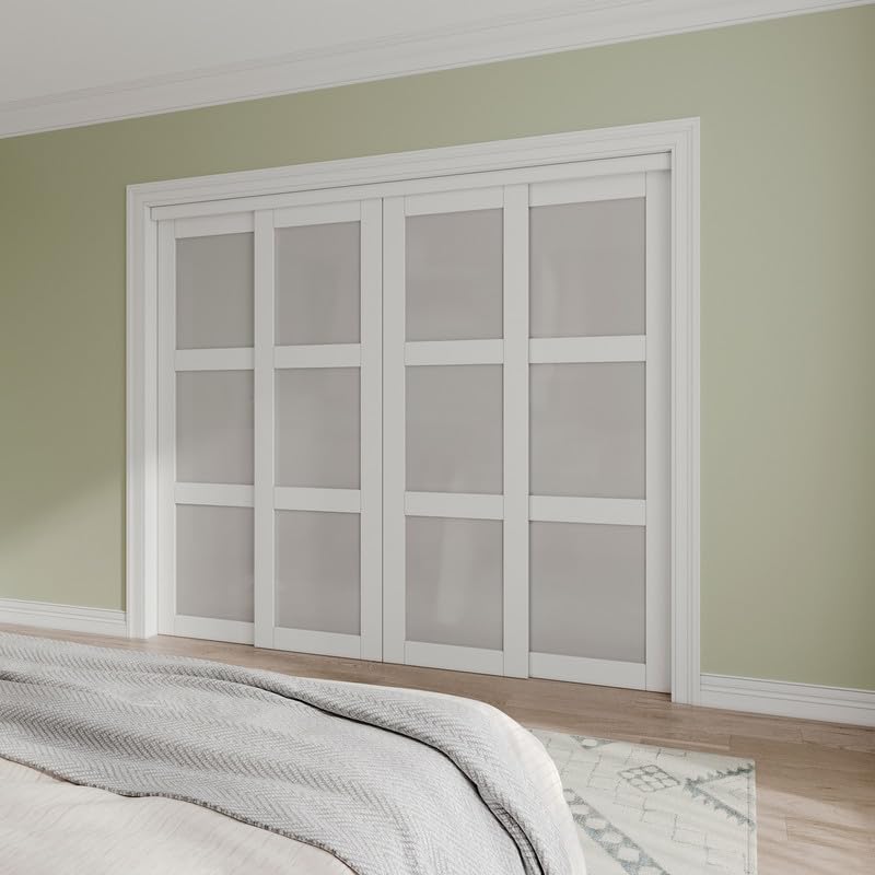 Sliding Closet Door Interior Doors with Hardware Kit & Floor Guide, 3-Lite Tempered Frosted Glass Door Pre-Drilled Easy Install