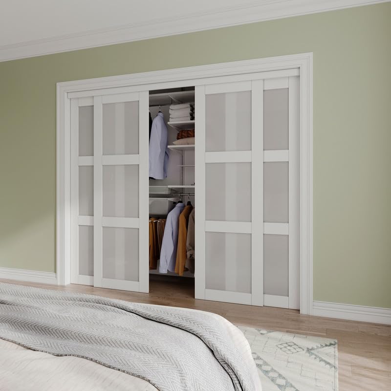 Sliding Closet Door Interior Doors with Hardware Kit & Floor Guide, 3-Lite Tempered Frosted Glass Door Pre-Drilled Easy Install