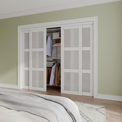 Sliding Closet Door Interior Doors with Hardware Kit & Floor Guide, 3-Lite Tempered Frosted Glass Door Pre-Drilled Easy Install