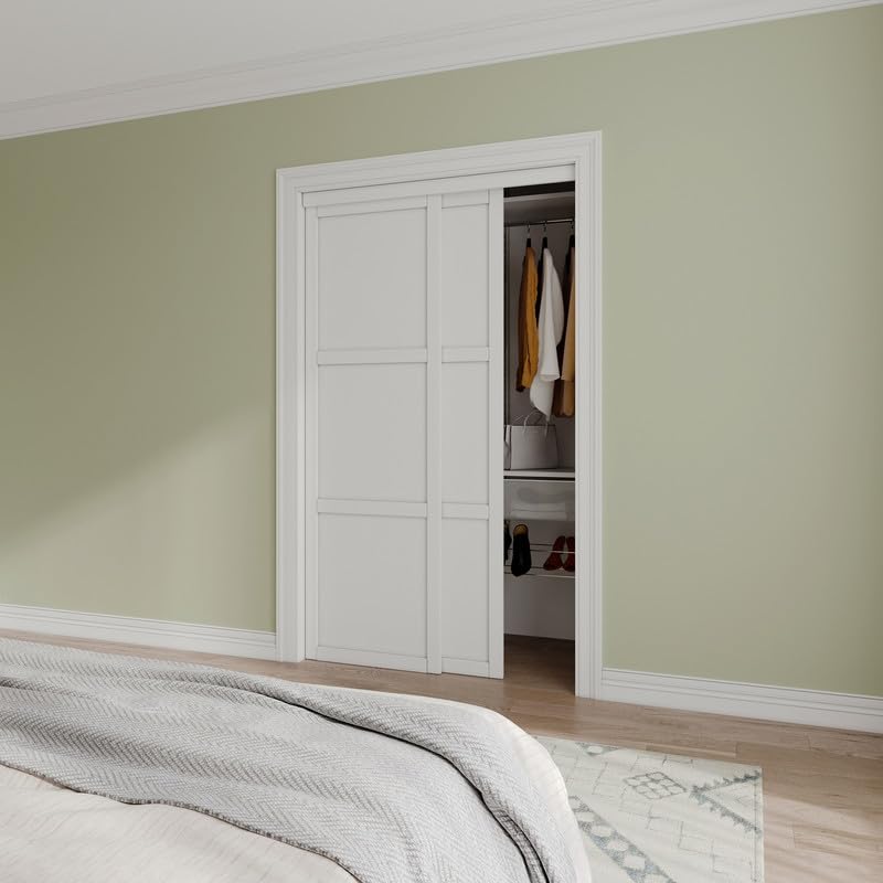 [Paintable] JUJUBON Sliding Closet Door Interior Doors with Hardware Kit & Floor Guide, 3-Lite Engineering Wood Door Pre-Drilled Easy Install