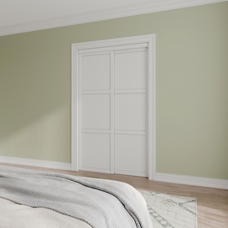 [Paintable] JUJUBON Sliding Closet Door Interior Doors with Hardware Kit & Floor Guide, 3-Lite Engineering Wood Door Pre-Drilled Easy Install