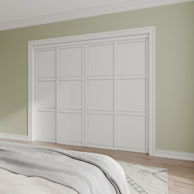 [Paintable] JUJUBON Sliding Closet Door Interior Doors with Hardware Kit & Floor Guide, 3-Lite Engineering Wood Door Pre-Drilled Easy Install