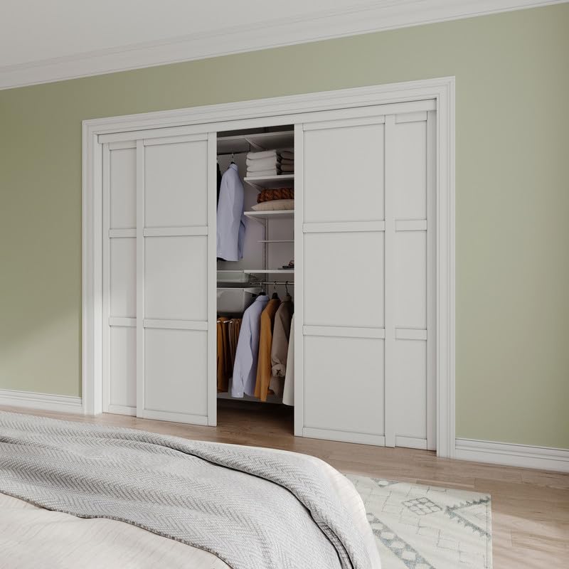 [Paintable] JUJUBON Sliding Closet Door Interior Doors with Hardware Kit & Floor Guide, 3-Lite Engineering Wood Door Pre-Drilled Easy Install