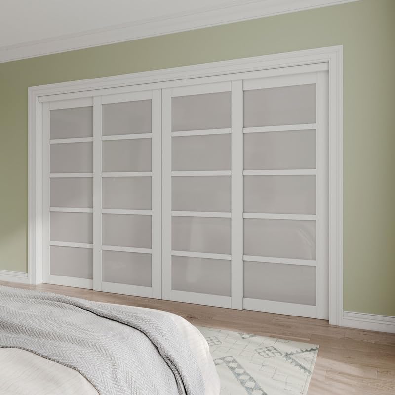 Paintable Sliding Closet Door Interior Doors with Hardware Kit & Floor Guide, 5-Lite Tempered Frosted Glass Door Pre-Drilled Easy Install