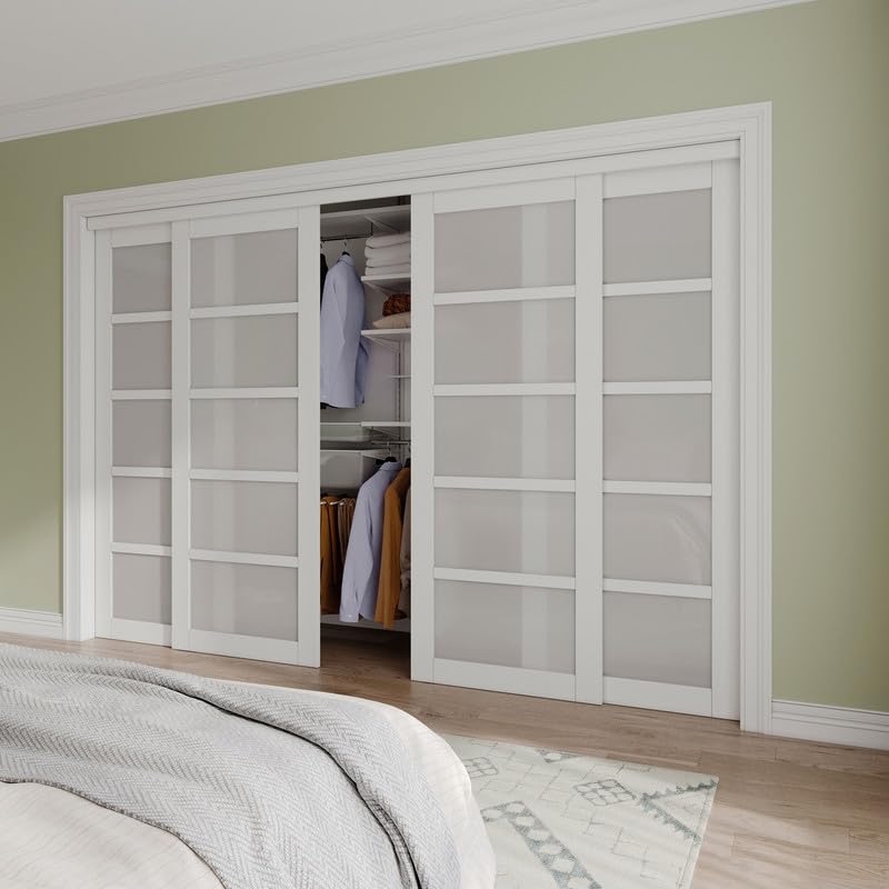 Paintable Sliding Closet Door Interior Doors with Hardware Kit & Floor Guide, 5-Lite Tempered Frosted Glass Door Pre-Drilled Easy Install