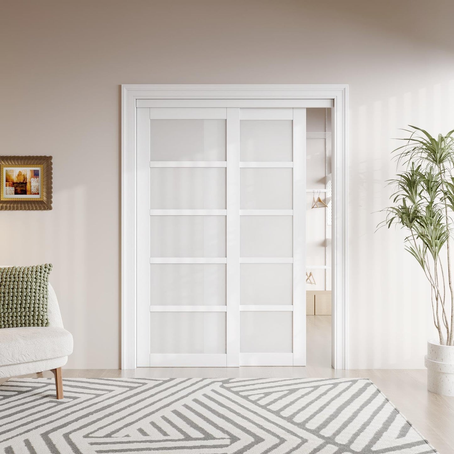 Paintable Sliding Closet Door Interior Doors with Hardware Kit & Floor Guide, 5-Lite Tempered Frosted Glass Door Pre-Drilled Easy Install