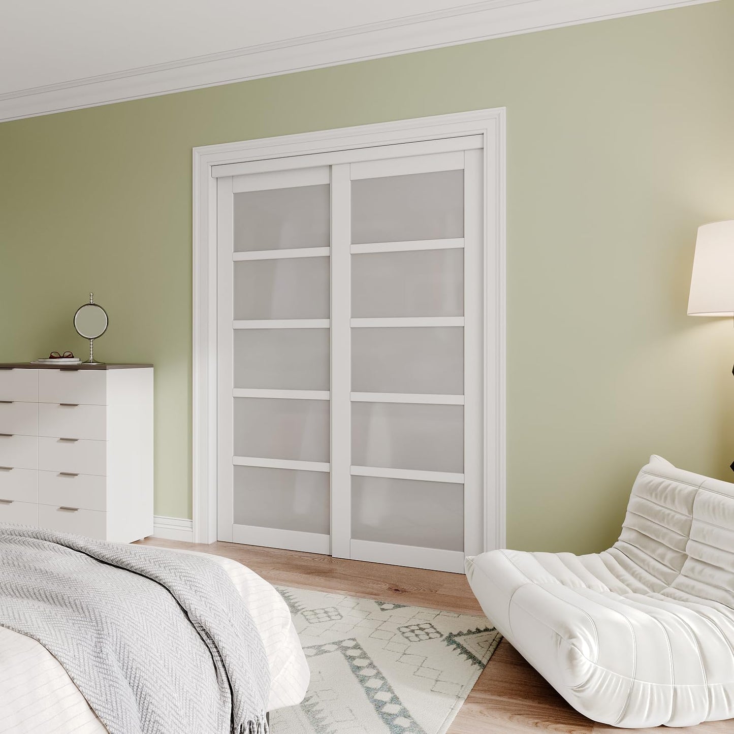 Paintable Sliding Closet Door Interior Doors with Hardware Kit & Floor Guide, 5-Lite Tempered Frosted Glass Door Pre-Drilled Easy Install