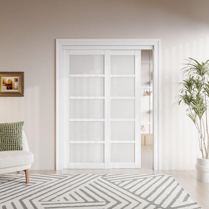 Paintable Sliding Closet Door Interior Doors with Hardware Kit & Floor Guide, 5-Lite Tempered Frosted Glass Door Pre-Drilled Easy Install