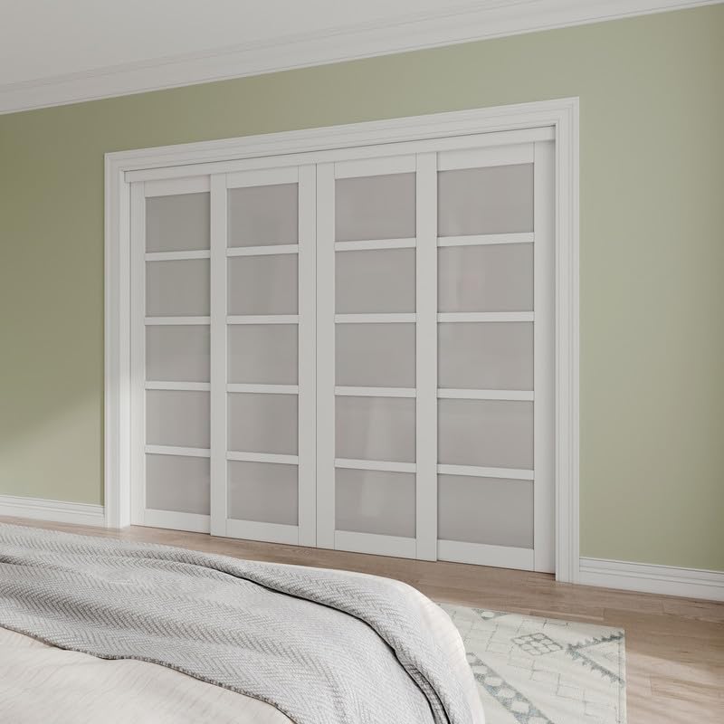Paintable Sliding Closet Door Interior Doors with Hardware Kit & Floor Guide, 5-Lite Tempered Frosted Glass Door Pre-Drilled Easy Install
