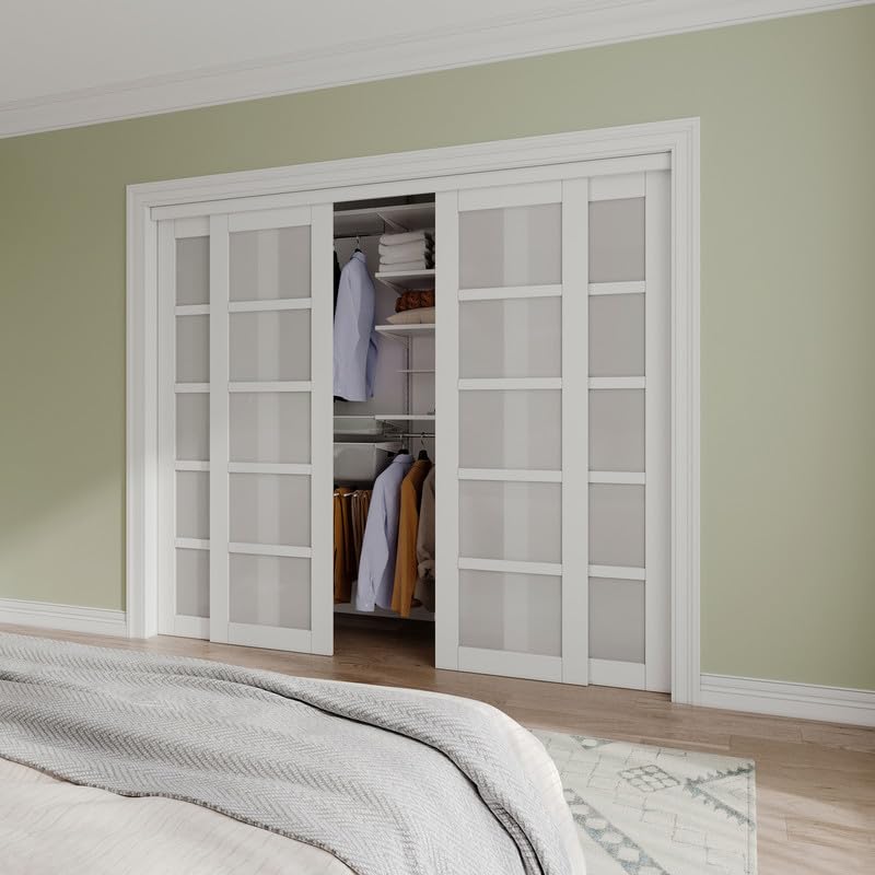 Paintable Sliding Closet Door Interior Doors with Hardware Kit & Floor Guide, 5-Lite Tempered Frosted Glass Door Pre-Drilled Easy Install