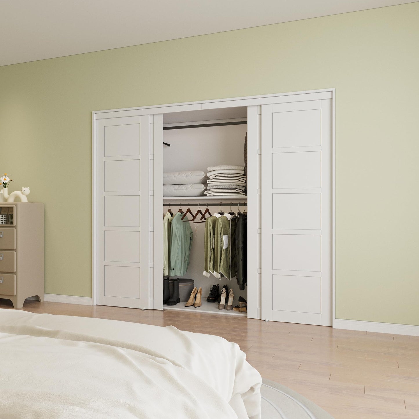 Paintable Closet Sliding Door, Double 5 Panel Sliding Door with Hardware Kit, Pre-Drilled Doors Panel, MDF with Paintable Surface, White, Need to Assemble
