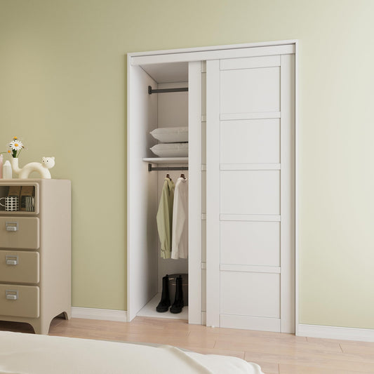 Paintable Closet Sliding Door, Double 5 Panel Sliding Door with Hardware Kit, Pre-Drilled Doors Panel, MDF with Paintable Surface, White, Need to Assemble