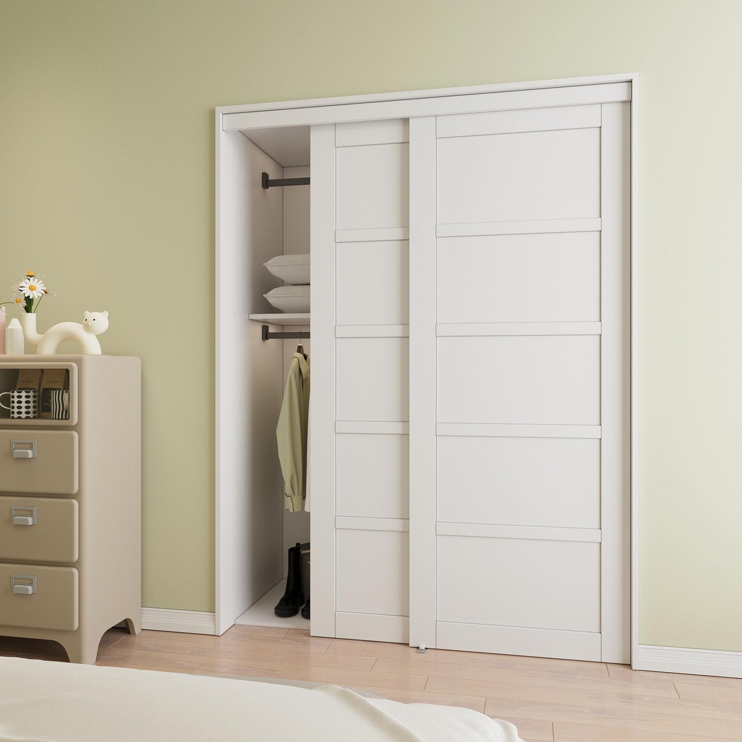 Paintable Closet Sliding Door, Double 5 Panel Sliding Door with Hardware Kit, Pre-Drilled Doors Panel, MDF with Paintable Surface, White, Need to Assemble