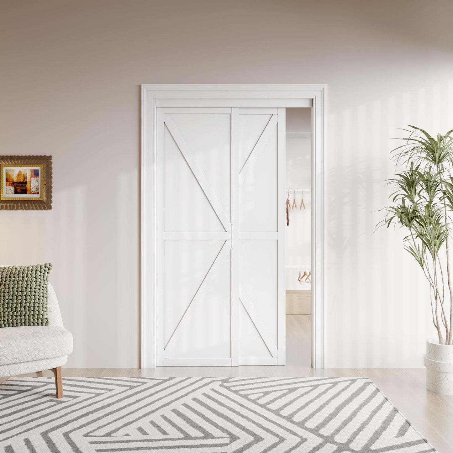 Sliding Closet Door Interior Doors with Hardware Kit & Floor Guide, K Shape Solid Core Closet Door PVC Surface Pre-Drilled Easy Assemble