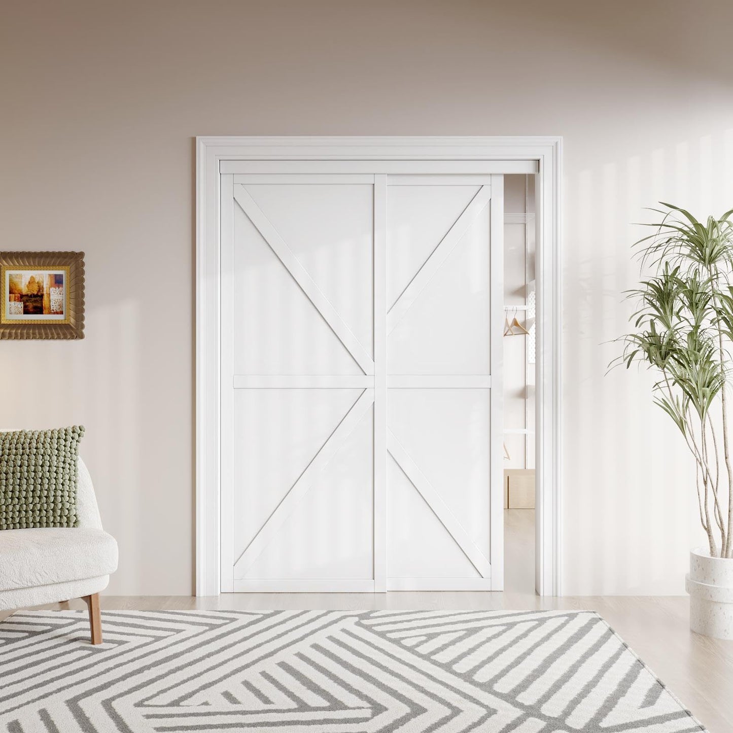 Sliding Closet Door Interior Doors with Hardware Kit & Floor Guide, K Shape Solid Core Closet Door PVC Surface Pre-Drilled Easy Assemble