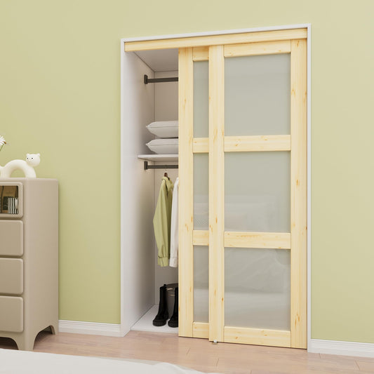 Paintable Sliding Closet Door, 3-Lite Frosted Glass Door with Hardware Kit & Matching Fascia, Bypass Interior Door, Solid Core Pine Wood & Paintable, Unfinished, Easy to Install, Pine Wood