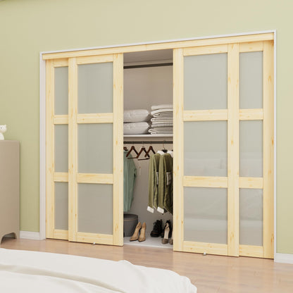 Paintable Sliding Closet Door, 3-Lite Frosted Glass Door with Hardware Kit & Matching Fascia, Bypass Interior Door, Solid Core Pine Wood & Paintable, Unfinished, Easy to Install, Pine Wood
